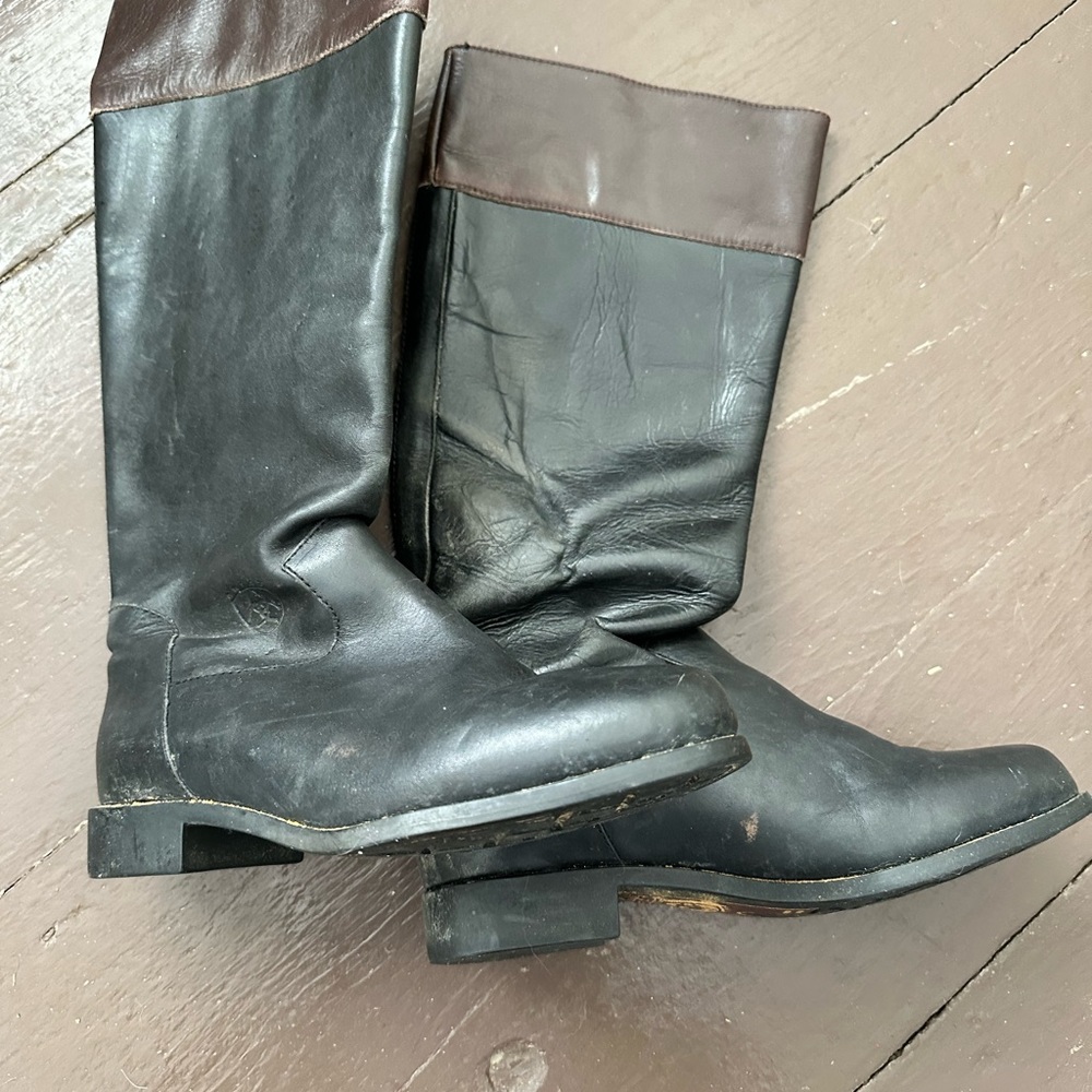 Ariat tall riding boots black with brown tops, full leather vintage - Picture 2 of 5